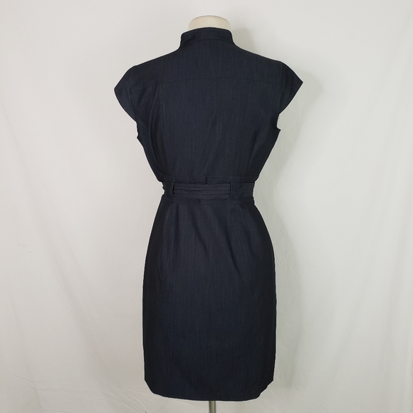 Calvin Klein Cap Sleeve Button Front Belted Dark Wash Denim Dress 10 Petite - Picture 9 of 12